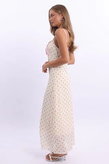 White Print Maxi Dress Lace Satin Tape