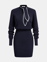 Contrast-Trim Tie-Neck Knit Midi Dress