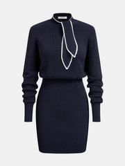 Contrast-Trim Tie-Neck Knit Midi Dress