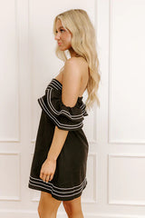 Plaza Nights Linen-Blend Mini Dress in Black