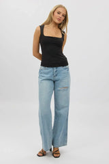 Black Sleeveless Top With Trims And Bow