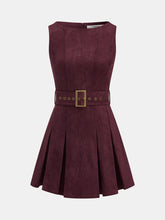 Belted Suede Pleated Mini Dress