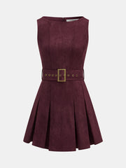 Belted Suede Pleated Mini Dress