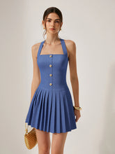 Metal Button Halter Neck Pleated Dress