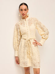 Semi-Sheer Lace Belted Dress