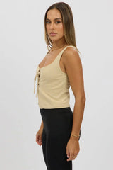 Beige Top Sleeveless Open Front Lace UP