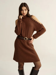 Belted Cold-Shoulder Turtleneck Knit Dress