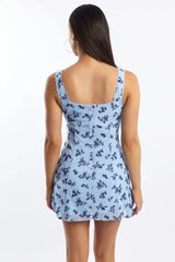 Blue Ditsy Mini Dress Gathered Bust