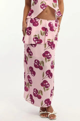 Pink Abstract Chiffon Maxi Skirt Lined