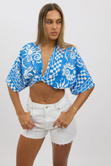 Blue Abstract Tie Up Bolero Short Sleeve