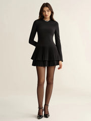 Long Sleeve Tiered Pleated Mini Dress
