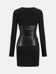 PU Leather Panel Long Sleeve Knit Dress