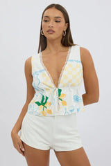Yellow Abstract Tie Front Top