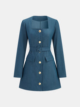 Square-Neck Belted Metal Button Mini Dress