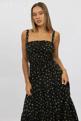 Black Ditsy Maxi Dress Strappy Tiered
