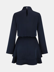 Long Sleeve Cross Neck Satin Tiered Mini Dress