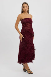 Red Maxi Skirt High Rise Ruffle Frill Hem Burnout