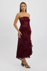 Red Maxi Skirt High Rise Ruffle Frill Hem Burnout