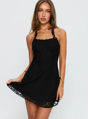 Front Page Halter Lace Mini Dress Black