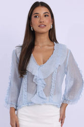 Blue Ruffled Top Mid Sleeve V-neck Poet's Blouse