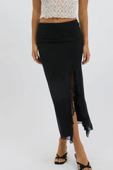 Black Maxi Skirt High Rise Ruffled Slit Frill Hem Mesh