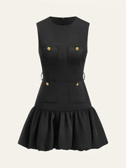 Ruffled Hem Metal Button Mini Dress Without Belt