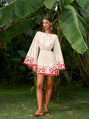 Floral Embroidered Backless Tie Dress