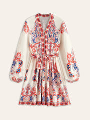 Floral Print Buttoned Belted Dress