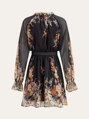 Semi-Sheer Chiffon Floral Print Belted Dress