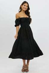 Black Midi Dress Short Sleeve Ruched Bust