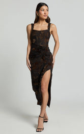 Karlene Midi Dress - Ruched Corset Burnout Dress in Black and Brown