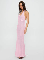 Nalanie Halter Crochet Maxi Dress Pink