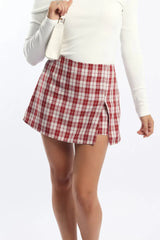 Red Check Mini Skort Skirt Mid Rise Tailored Lined
