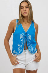 Blue Linen Vest Sleeveless Embroidery