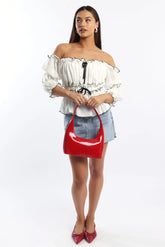 White Off Shoulder Top Mid Sleeve Gathered Detail