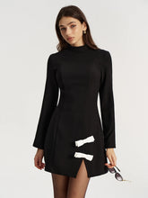 Contrast Bow Slit Mock Neck Mini Dress