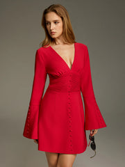 Deep V Ruched Bell-Sleeve Mini Dress