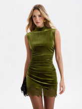 Lace-Trim Ruched Velvet Mini Dress