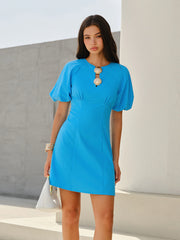 Buttoned Puff-Sleeve Round Neck Mini Dress