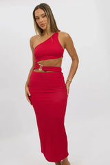 Red Bodycon Dress One Shoulder Textured