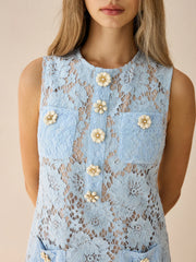 Flower-Shaped Button Lace Mini Dress