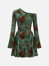 Flocked Floral Print One-Shoulder Mini Dress