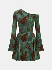 Flocked Floral Print One-Shoulder Mini Dress