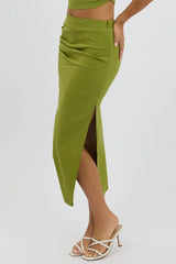 Green Gathered Midi Skirt High Rise Bengaline Split