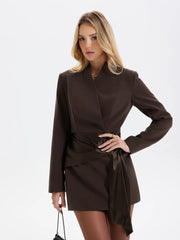 Satin-Wrapped Belted Blazer Dress