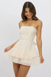 Orange Floral Strapless Dress Mini