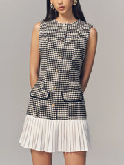 Houndstooth Sleeveless Pleated Hem Mini Dress