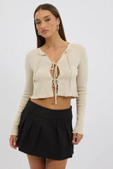 Beige Tie Up Knit Cardigan