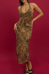 Brown Animal Print Slip Skirt High Rise Midi Picot Trim