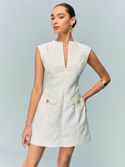 Pocketed Textured Mini Dress with Metal Button